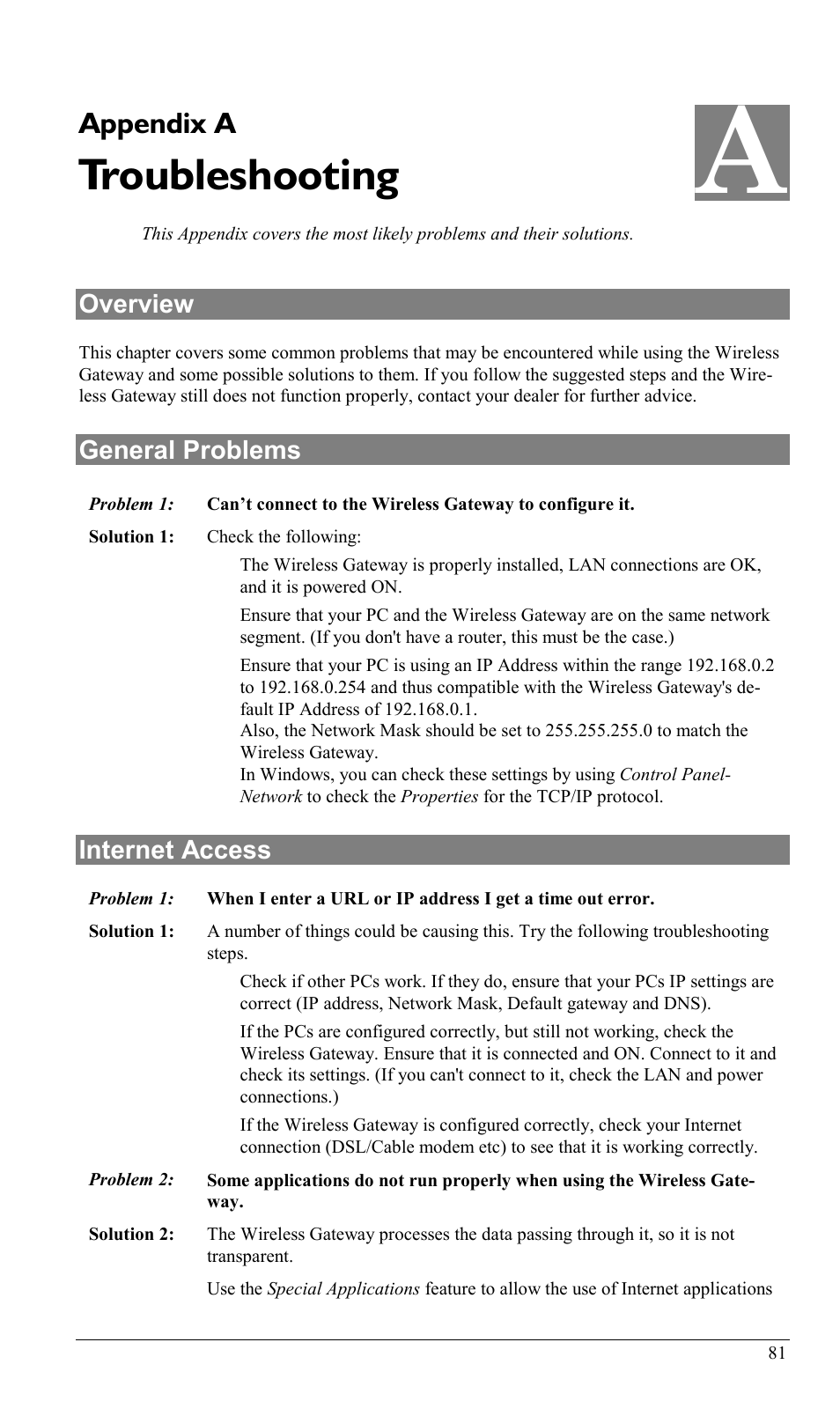 Appendix a troubleshooting, Overview, General problems | Troubleshooting, Appendix a, Internet access | Milan Technology MIL-W0311 User Manual | Page 84 / 100