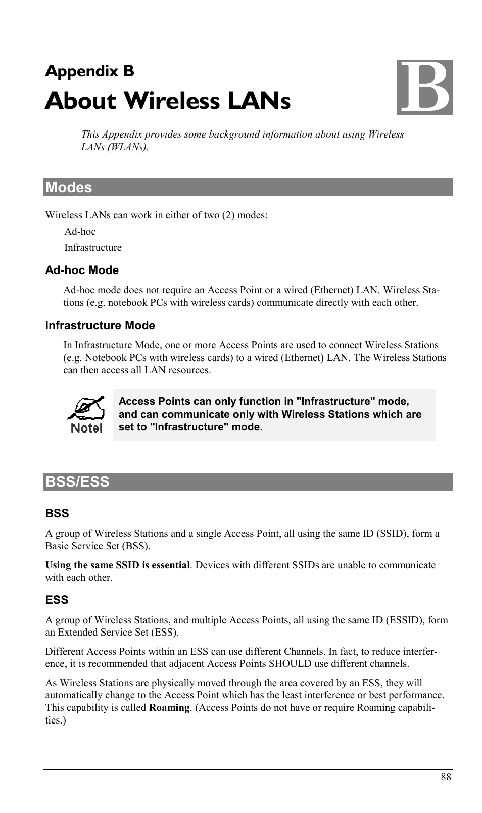 Appendix b about wireless lans, Modes, Bss/ess | Modes bss/ess, About wireless lans, Appendix b | Milan Technology MIL-W0311 User Manual | Page 91 / 100