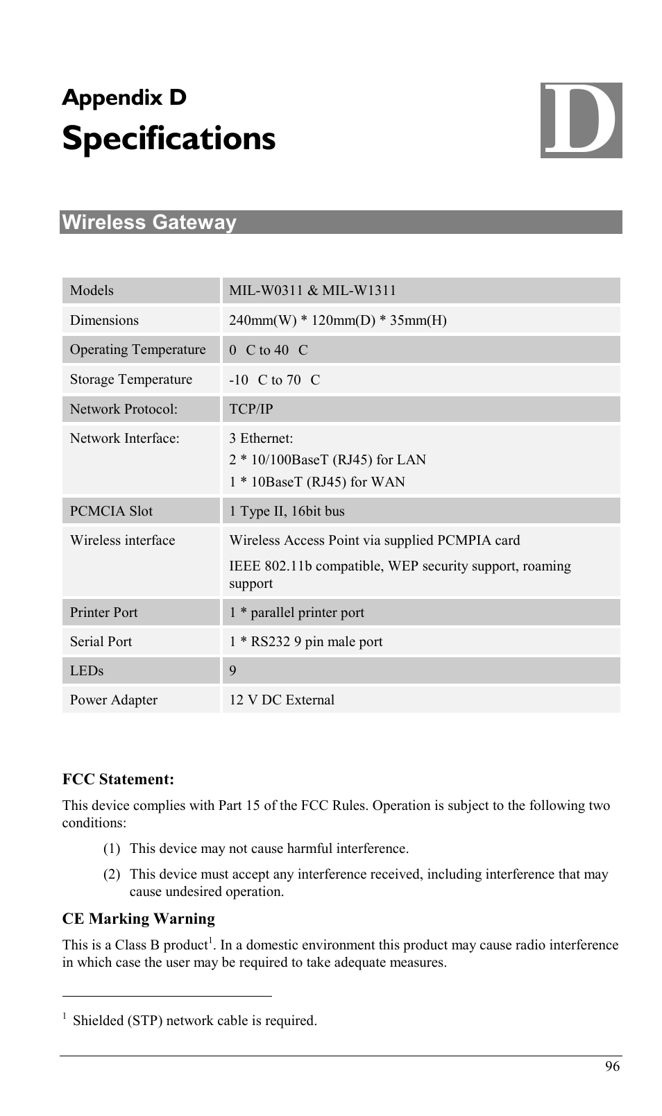 Appendix d specifications, Wireless gateway, Specifications | Appendix d | Milan Technology MIL-W0311 User Manual | Page 99 / 100