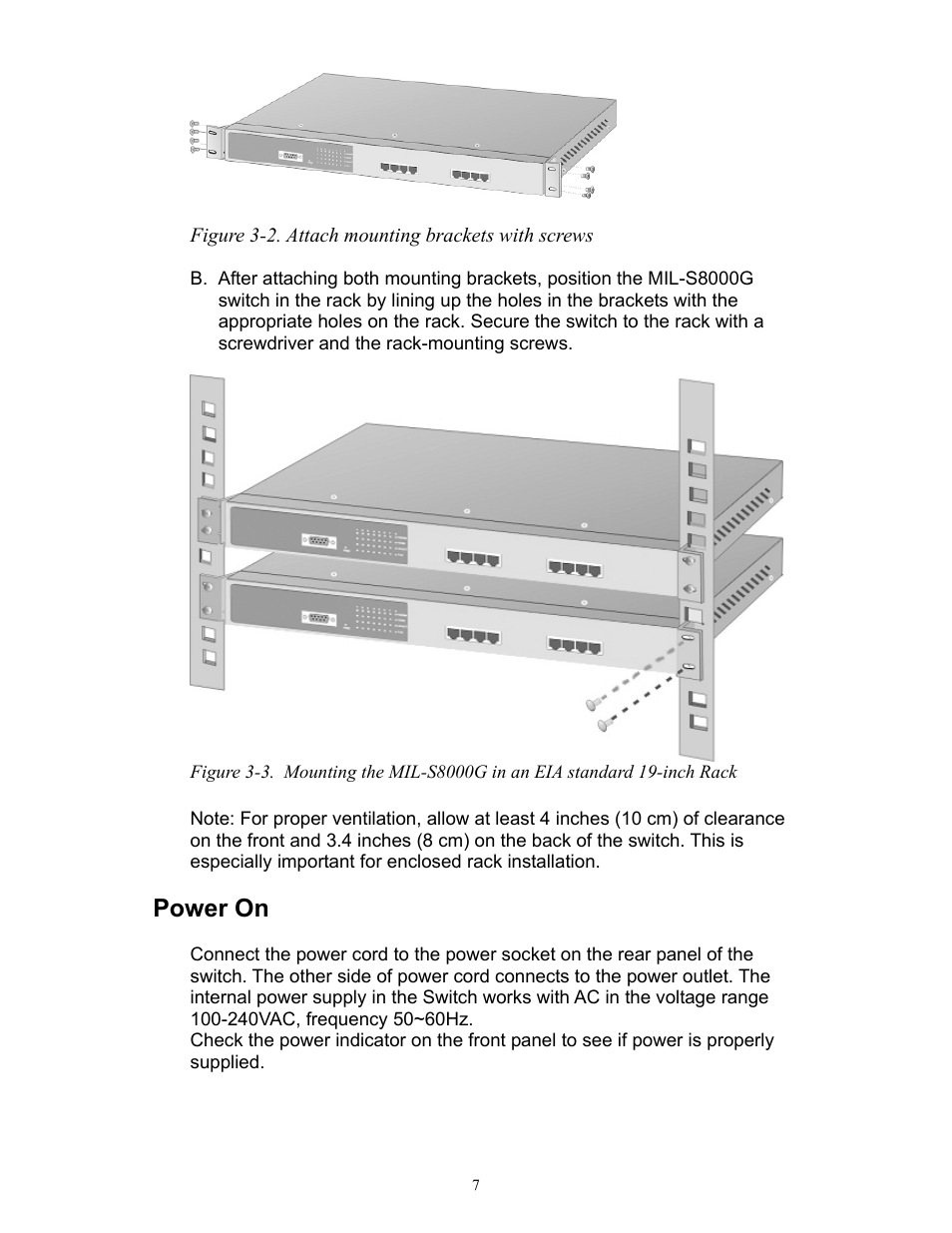 Rack-mounted installation, Rack-mount installation, Power on | Milan Technology MIL-S8000G User Manual | Page 9 / 22