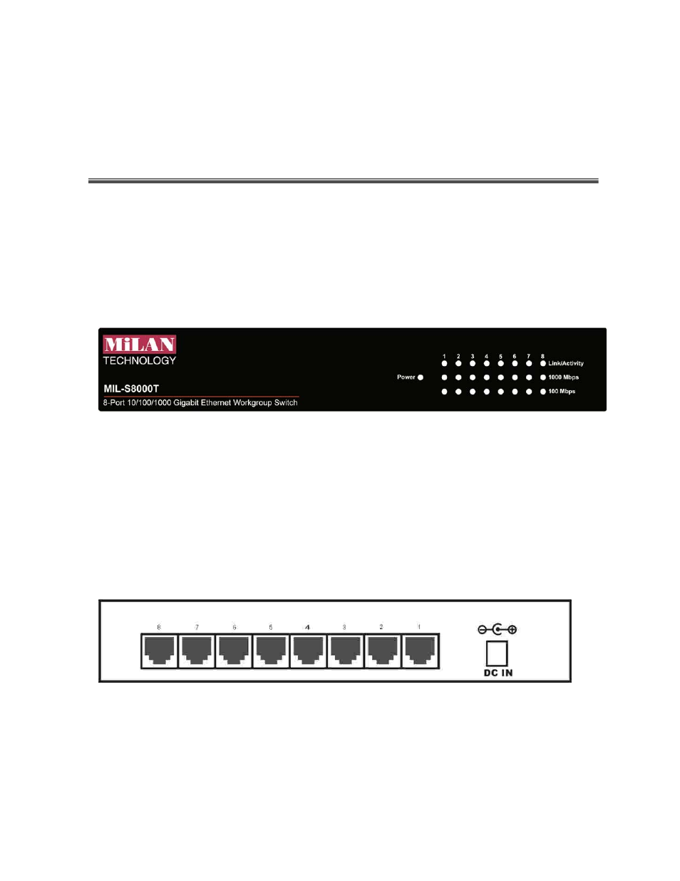 Hardware description, Front panel, Rear panel | Milan Technology Gigabit Ethernet MIL-S8000T User Manual | Page 7 / 13