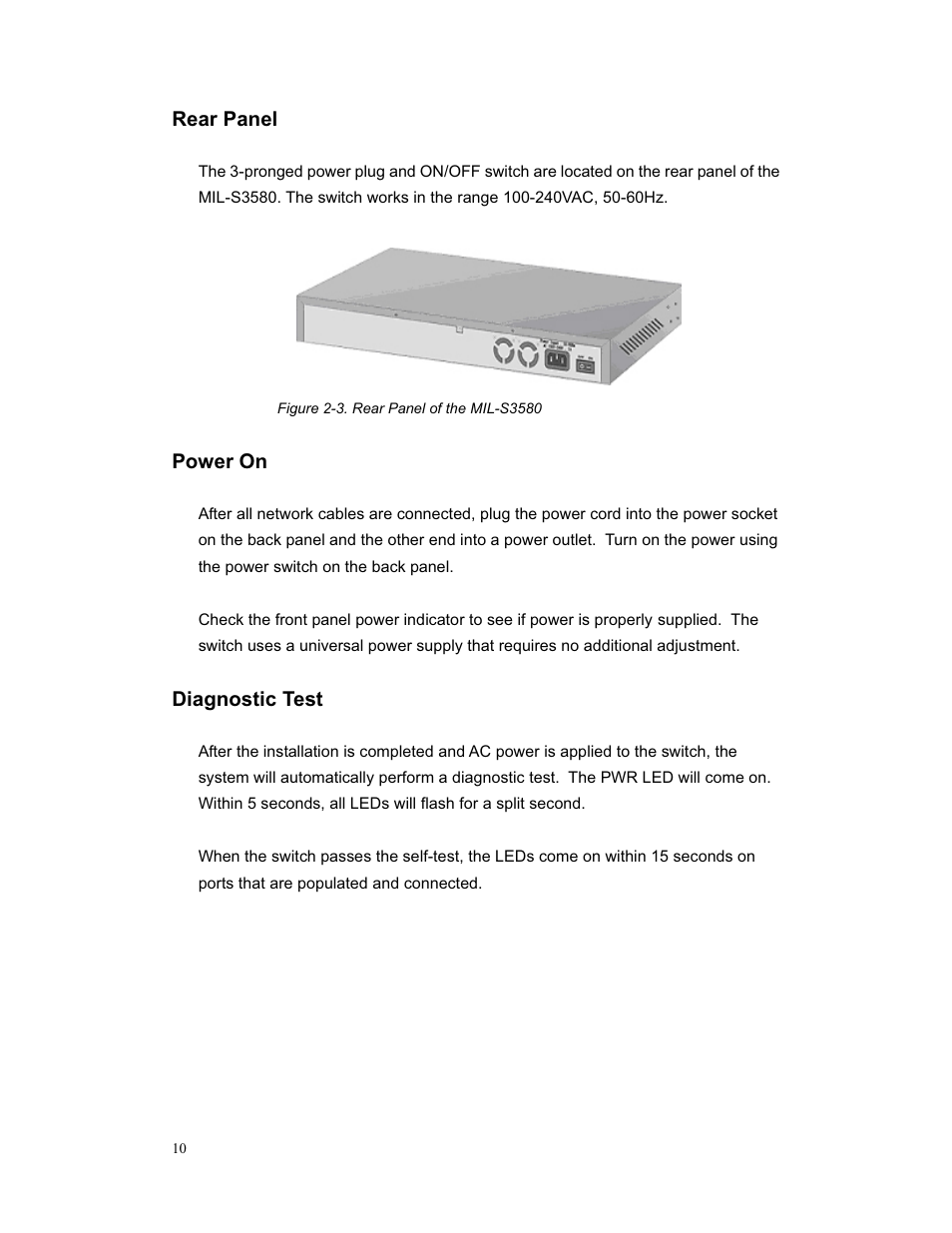 Rear panel, Power on, Diagnostic test | Milan Technology MIL-S3580 User Manual | Page 10 / 80