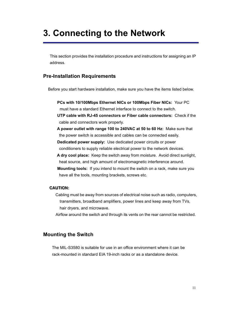 Connecting to the network, Pre-installation requirements, Mounting the switch | Milan Technology MIL-S3580 User Manual | Page 11 / 80