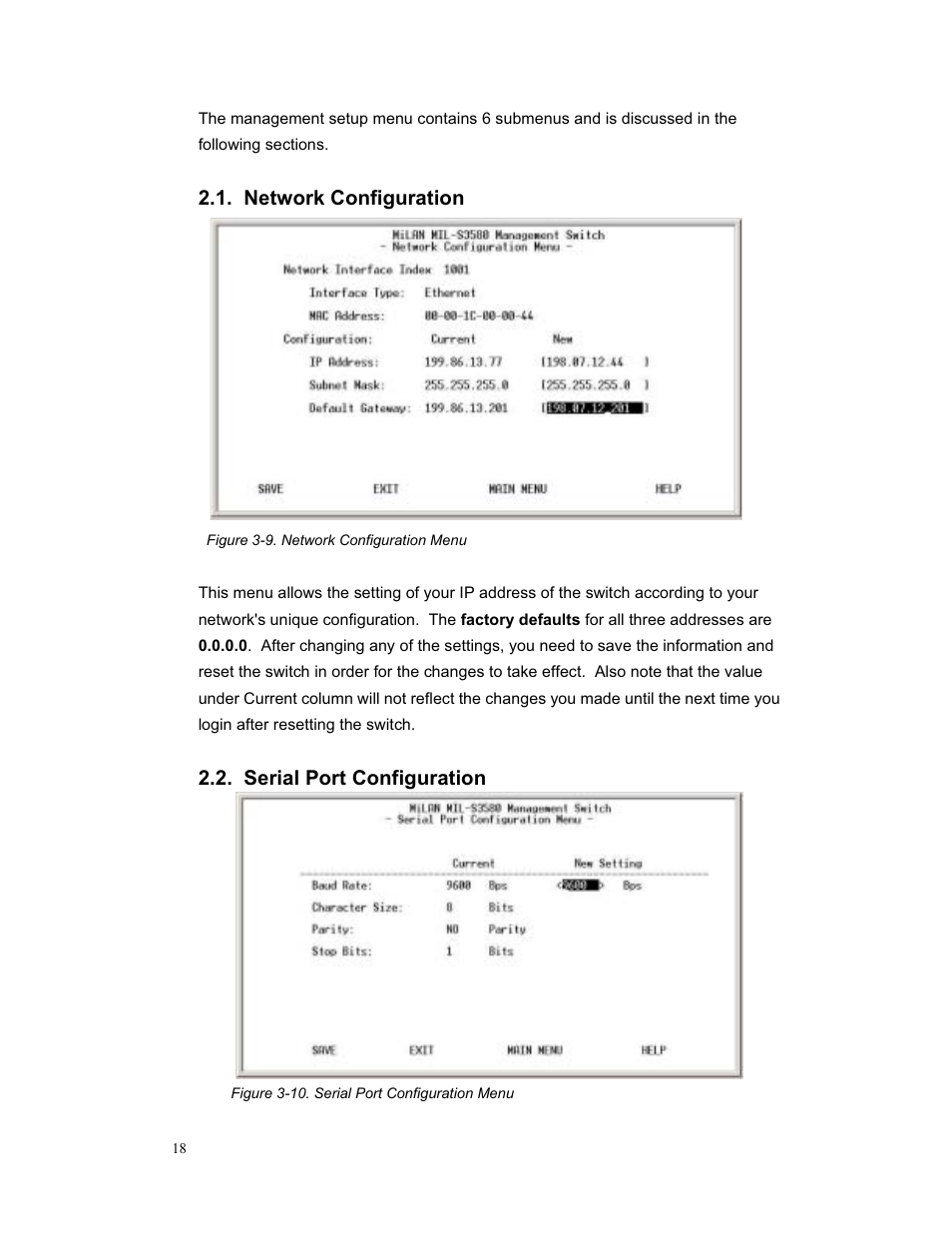 Network configuration, Serial port configuration | Milan Technology MIL-S3580 User Manual | Page 18 / 80