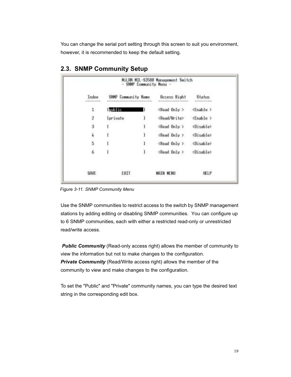 Snmp community setup | Milan Technology MIL-S3580 User Manual | Page 19 / 80