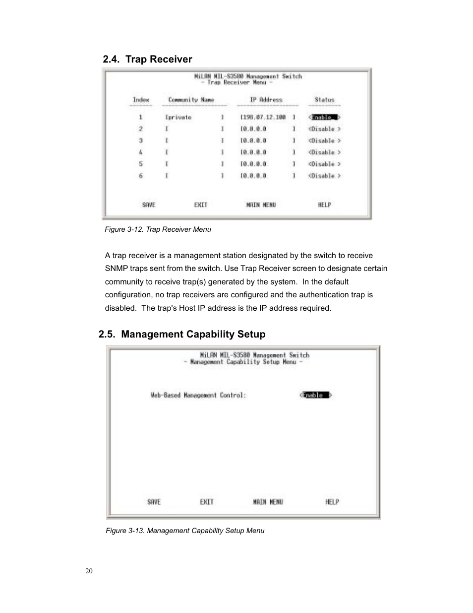 Trap receiver, Management capability setup | Milan Technology MIL-S3580 User Manual | Page 20 / 80