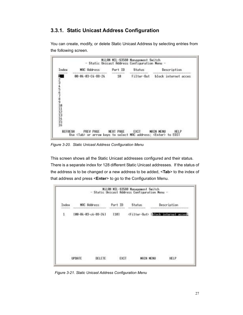 Static unicast address configuration | Milan Technology MIL-S3580 User Manual | Page 27 / 80