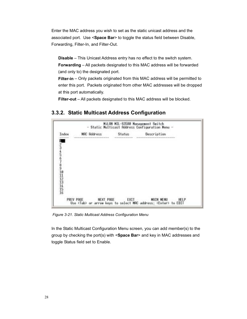 Static multicast address configuration | Milan Technology MIL-S3580 User Manual | Page 28 / 80