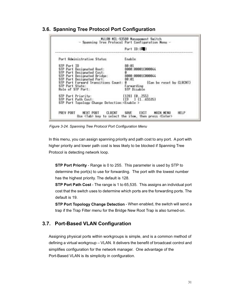 Spanning tree protocol port configuration, Port-based vlan configuration | Milan Technology MIL-S3580 User Manual | Page 31 / 80