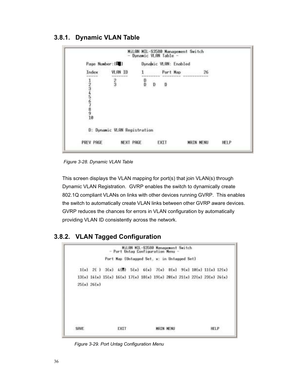 Dynamic vlan table, Vlan tagged configuration | Milan Technology MIL-S3580 User Manual | Page 36 / 80