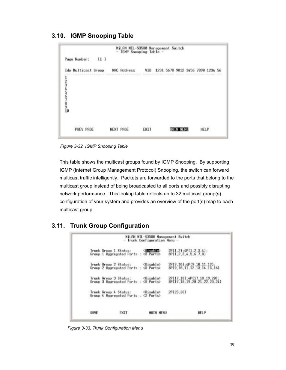 Igmp snooping table, Trunk group configuration | Milan Technology MIL-S3580 User Manual | Page 39 / 80