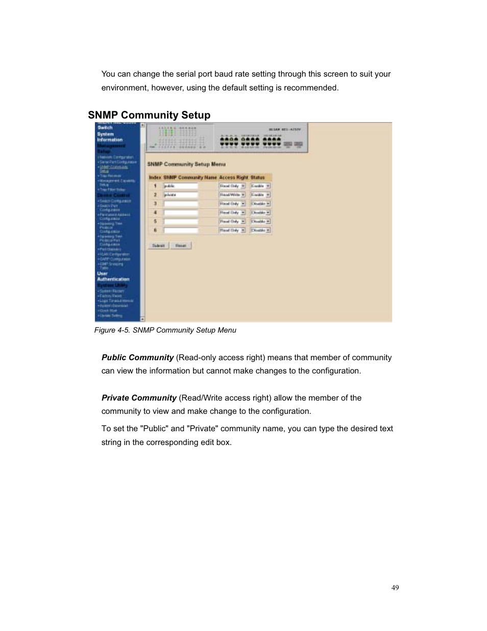 Snmp community setup | Milan Technology MIL-S3580 User Manual | Page 49 / 80