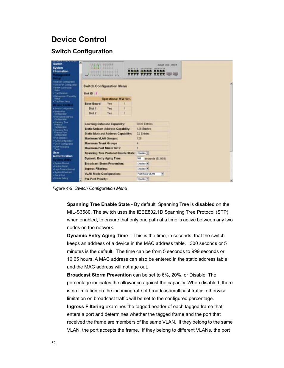Device control, Switch configuration | Milan Technology MIL-S3580 User Manual | Page 52 / 80