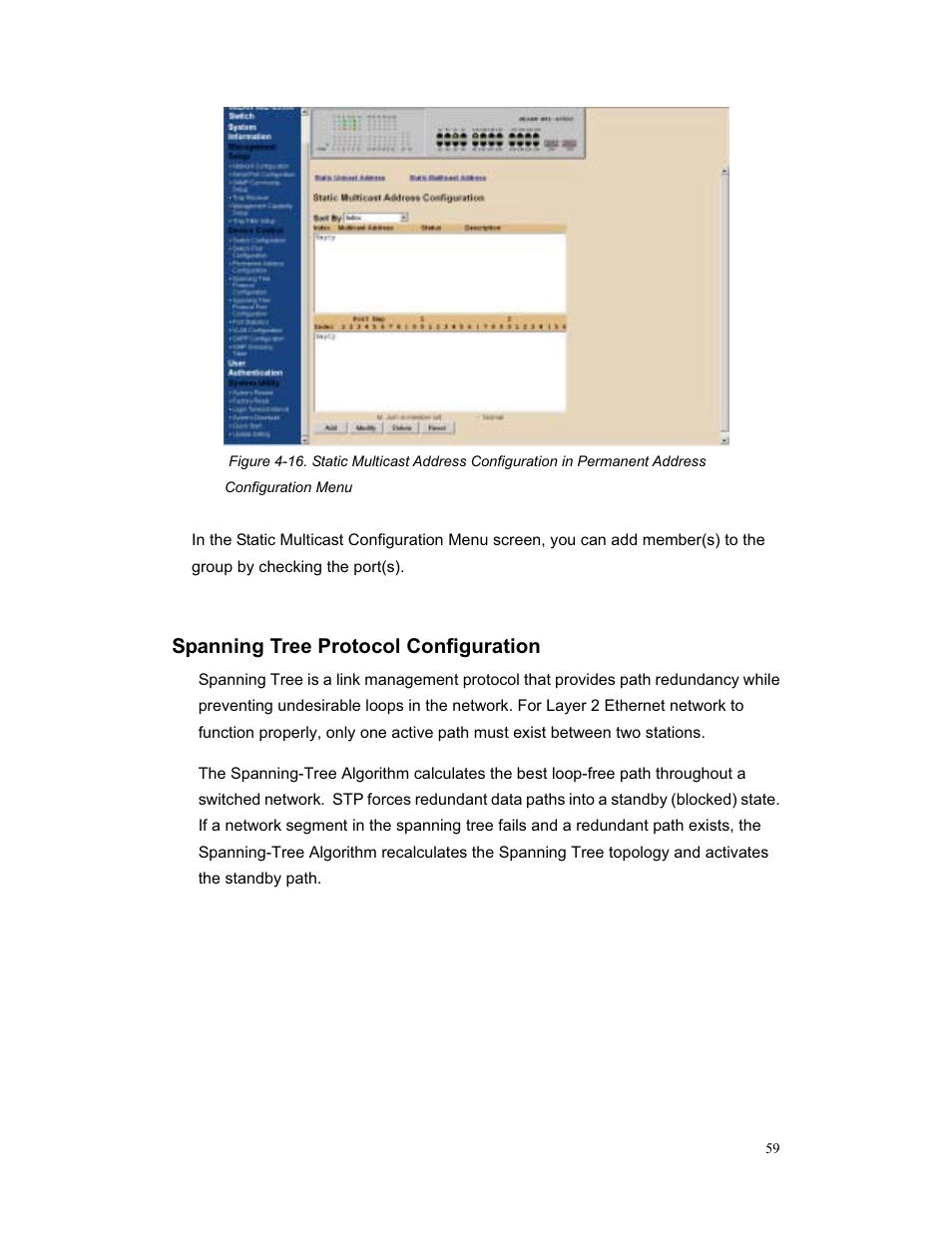 Spanning tree protocol configuration | Milan Technology MIL-S3580 User Manual | Page 59 / 80