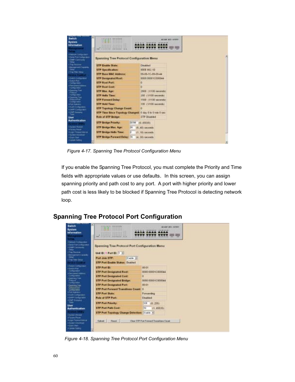 Spanning tree protocol port configuration | Milan Technology MIL-S3580 User Manual | Page 60 / 80