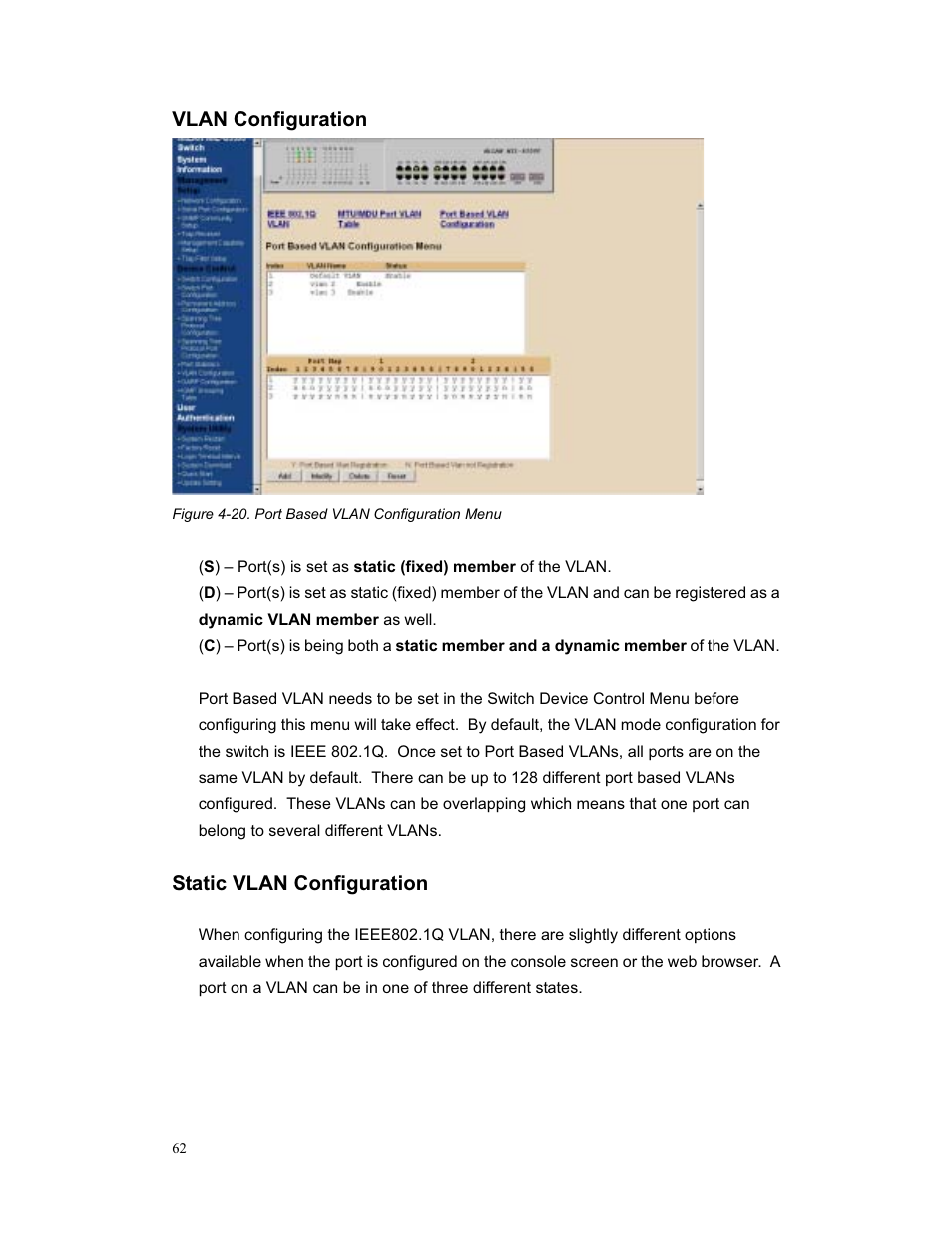 Vlan configuration, Static vlan configuration | Milan Technology MIL-S3580 User Manual | Page 62 / 80