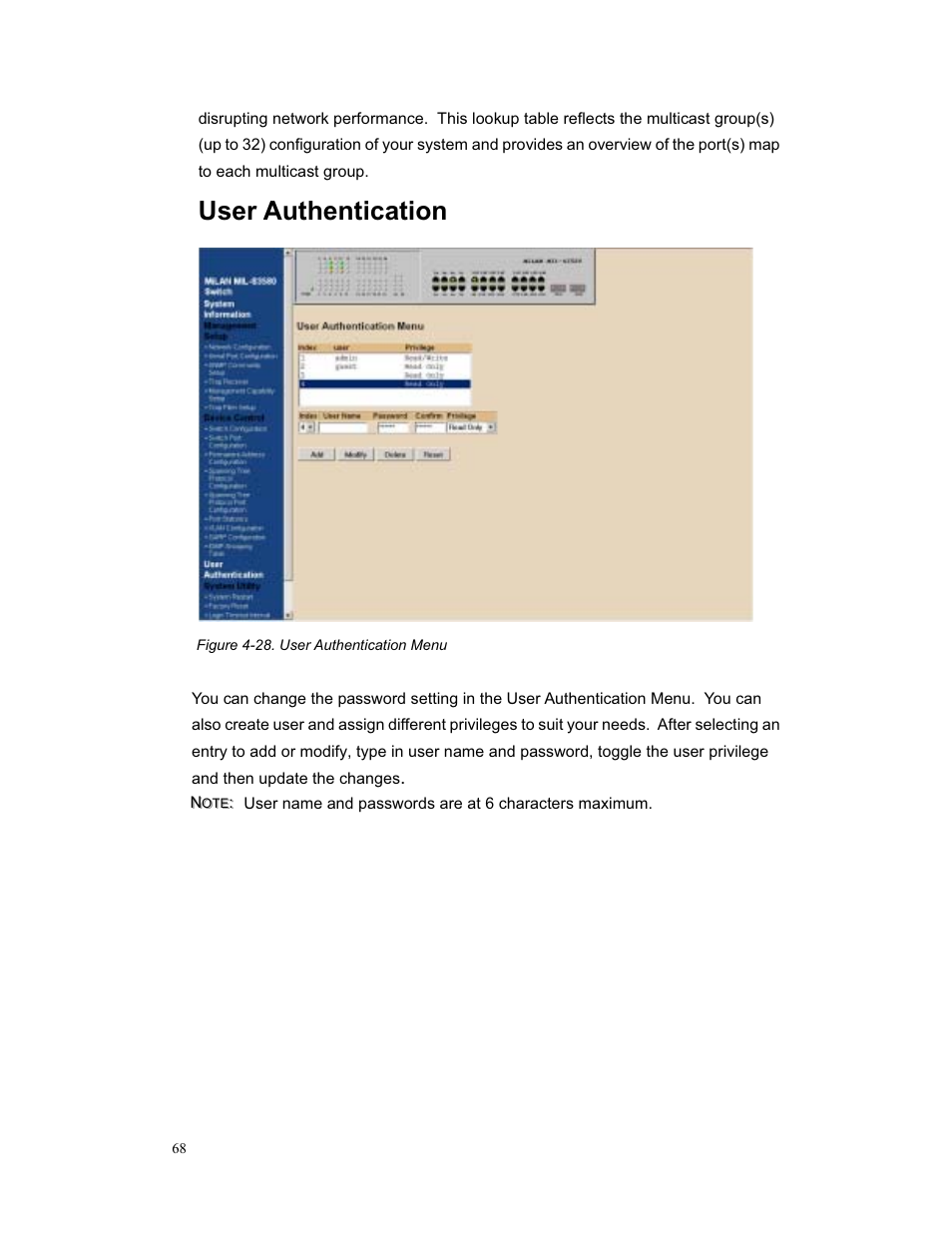 User authentication | Milan Technology MIL-S3580 User Manual | Page 68 / 80