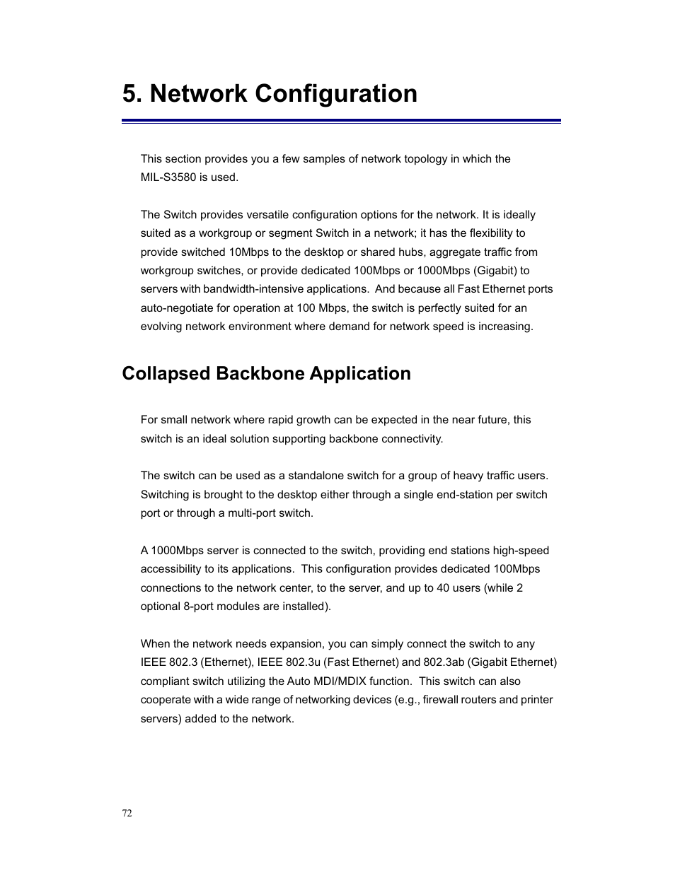 Network configuration, Collapsed backbone application | Milan Technology MIL-S3580 User Manual | Page 72 / 80