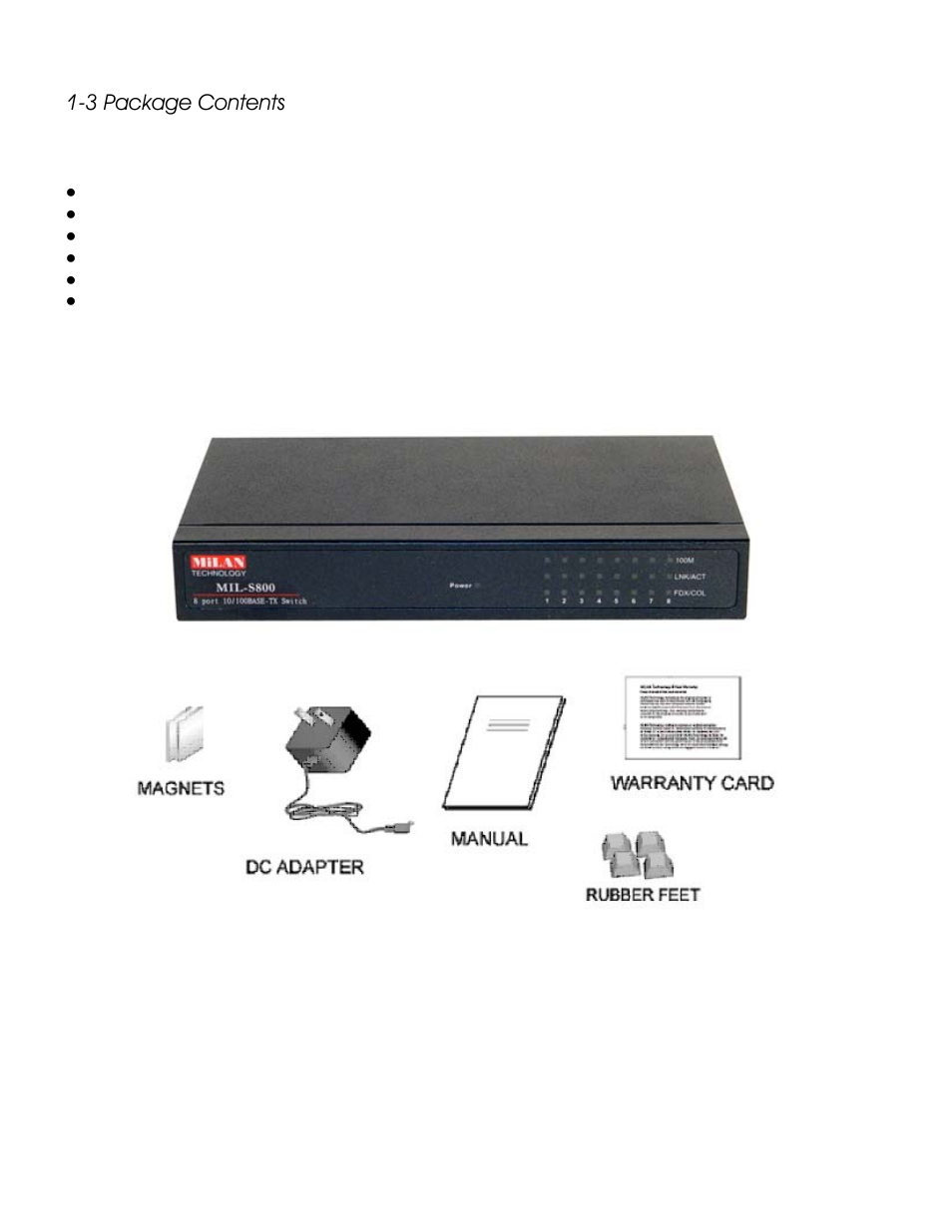 3 package contents | Milan Technology MIL-S800 User Manual | Page 5 / 12