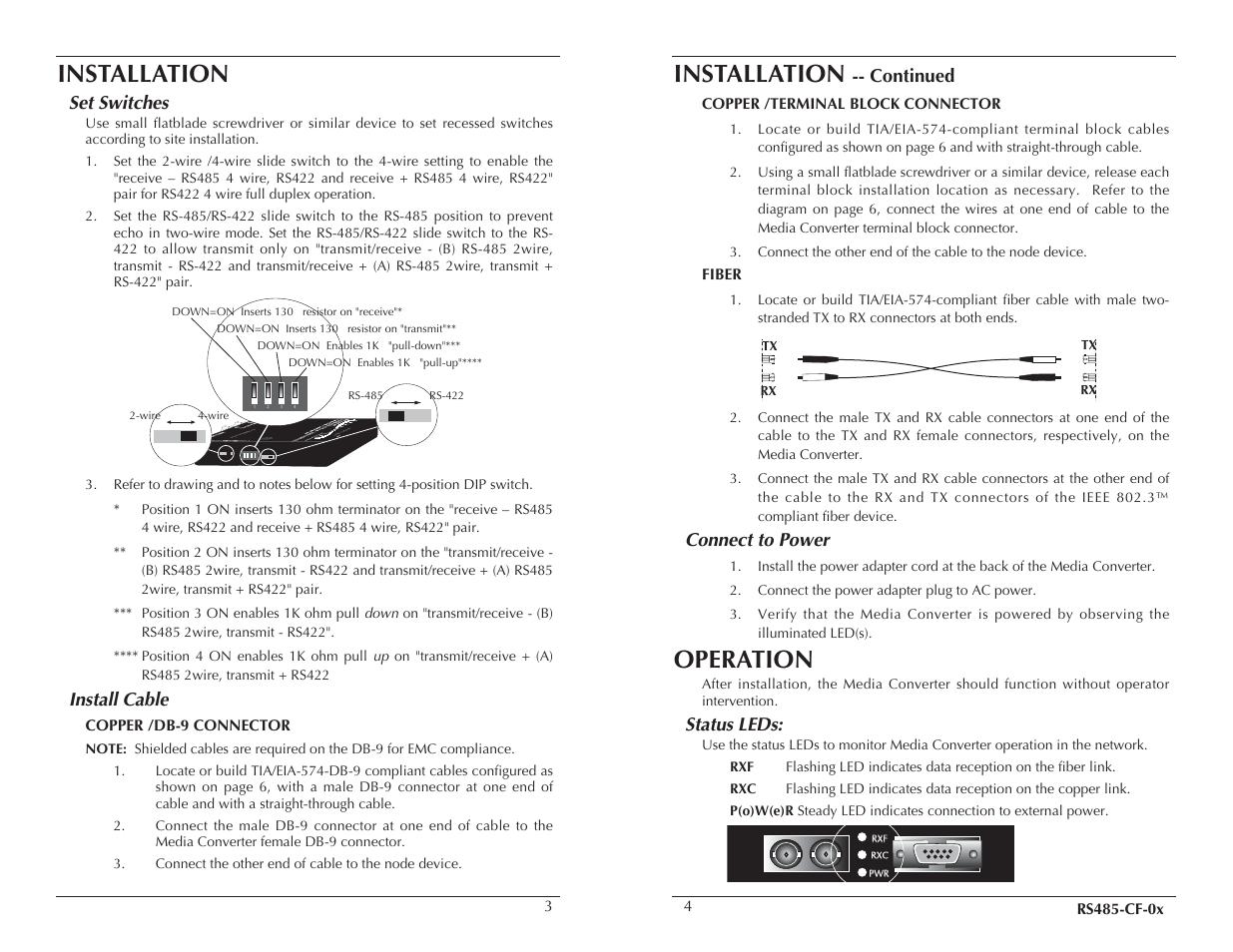 Installation, Operation, Set switches | Install cable, Config switches 1 2 3 4, Continued, Connect to power, Status leds | Milan Technology RS485-CF-0x User Manual | Page 2 / 4