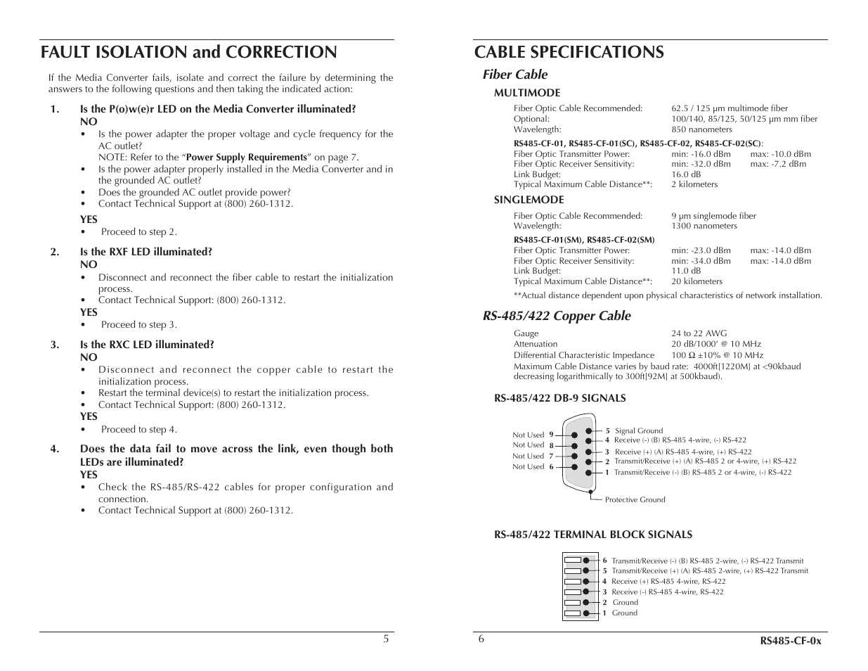 Fault isolation and correction, Cable specifications, Fiber cable | Milan Technology RS485-CF-0x User Manual | Page 3 / 4