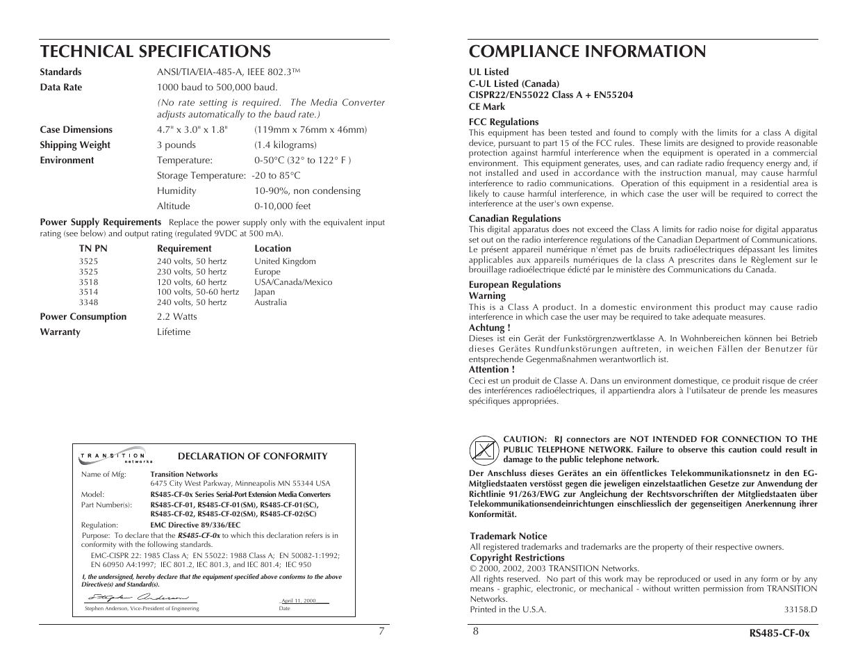 Technical specifications, Compliance information | Milan Technology RS485-CF-0x User Manual | Page 4 / 4