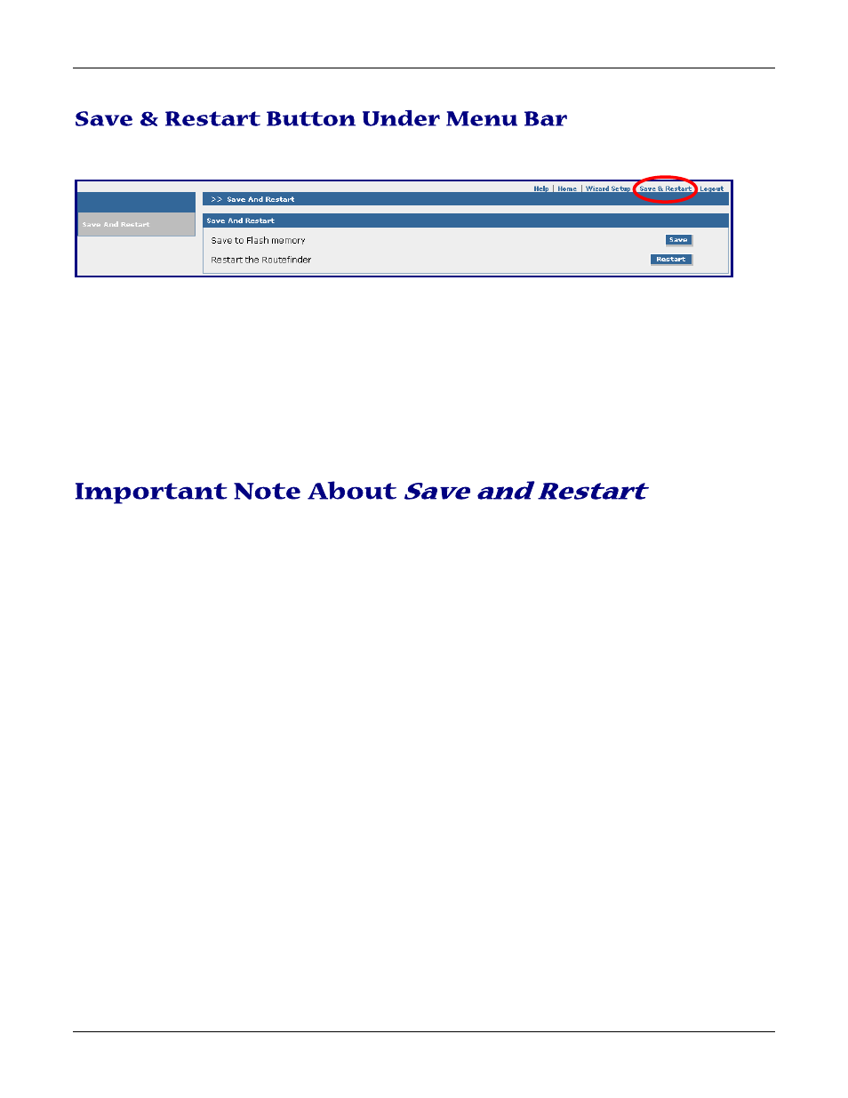 Save & restart button under menu bar, Important note about save and restart, Save and restart | Multitech ROUTEFINDER RF830-AP User Manual | Page 25 / 94