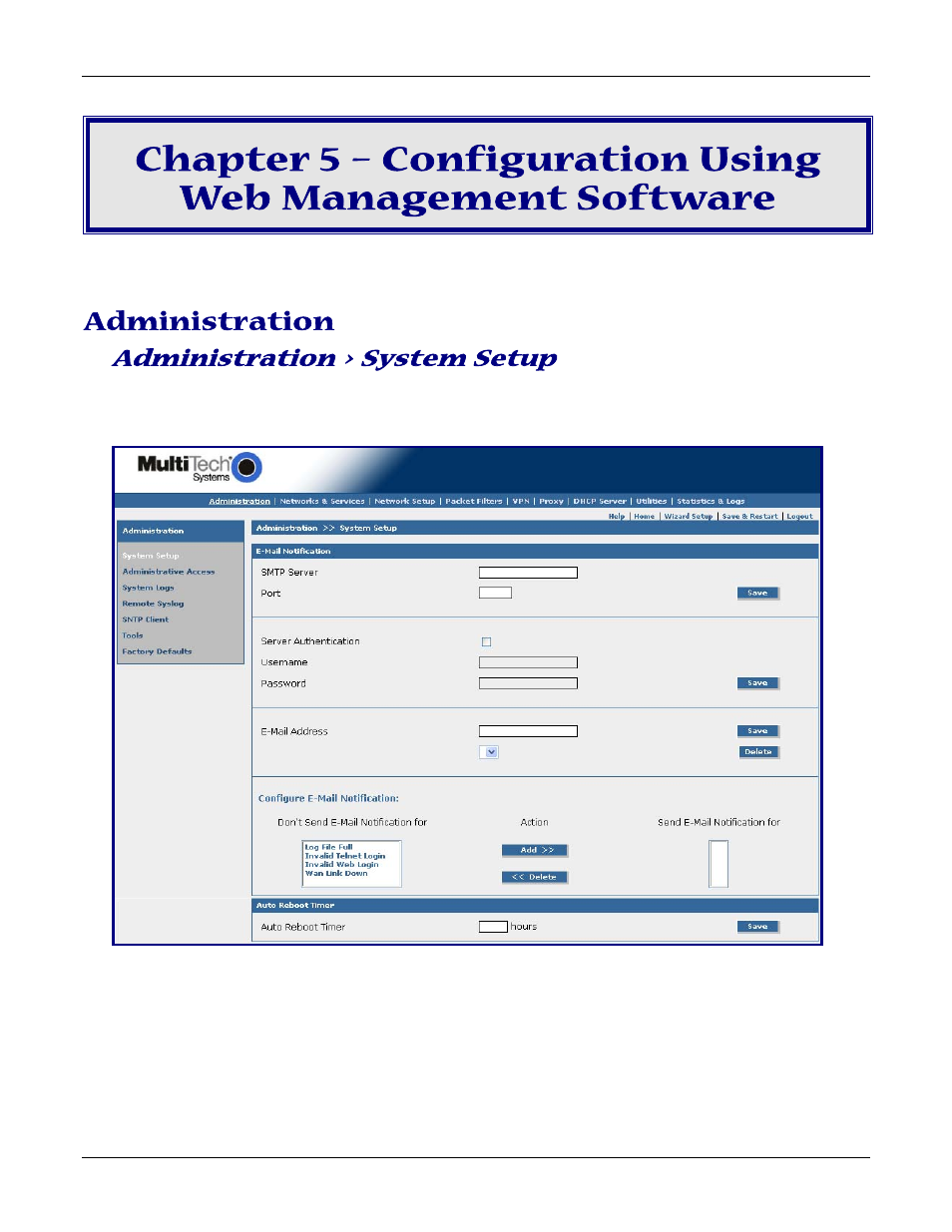 Administration, Administration > system setup | Multitech ROUTEFINDER RF830-AP User Manual | Page 26 / 94