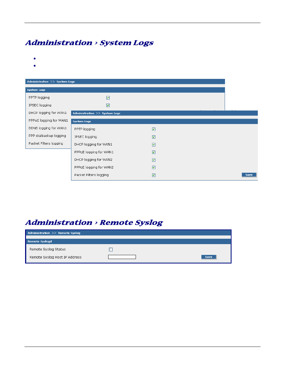 Administration > system logs, Administration > remote syslog | Multitech ROUTEFINDER RF830-AP User Manual | Page 30 / 94