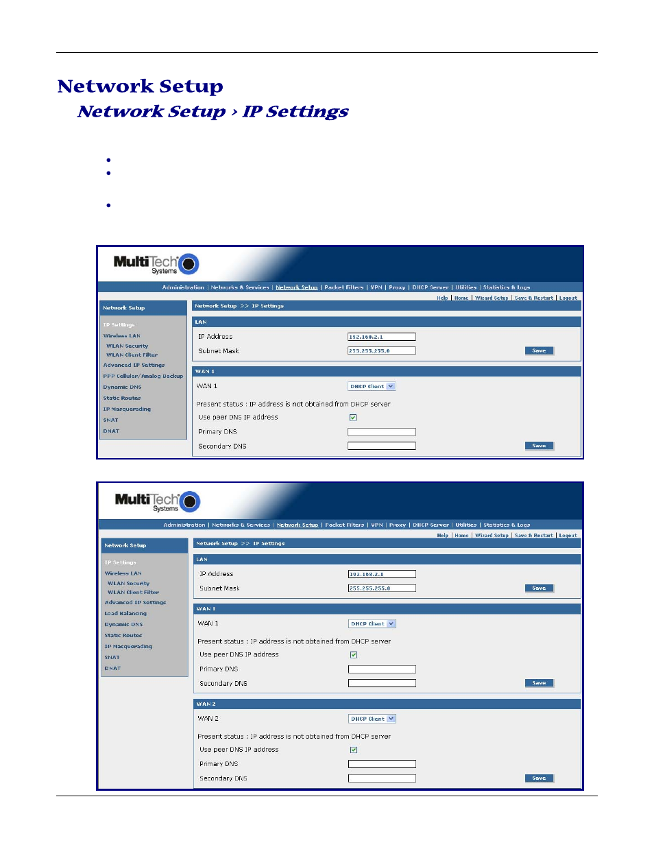 Network setup, Network setup > ip settings | Multitech ROUTEFINDER RF830-AP User Manual | Page 39 / 94