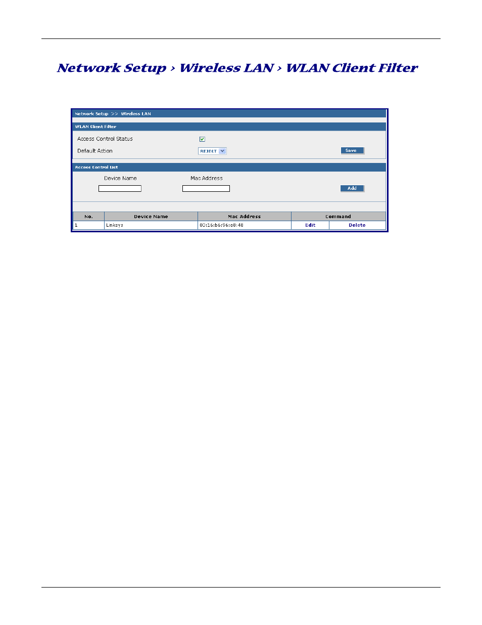 Network setup > wireless lan > wlan client filter | Multitech ROUTEFINDER RF830-AP User Manual | Page 46 / 94