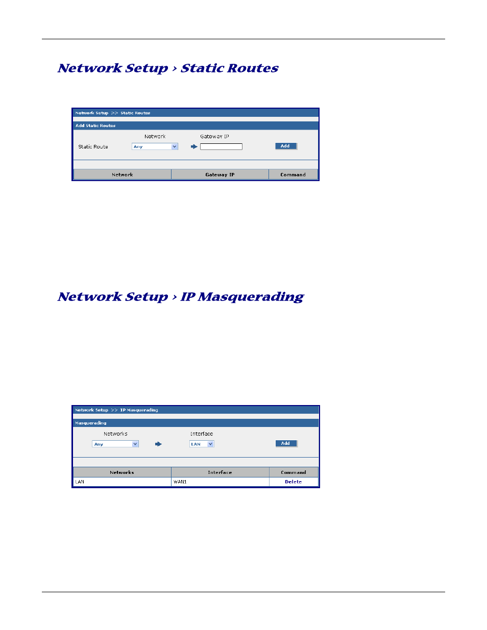 Network setup > static routes, Network setup > ip masquerading | Multitech ROUTEFINDER RF830-AP User Manual | Page 53 / 94
