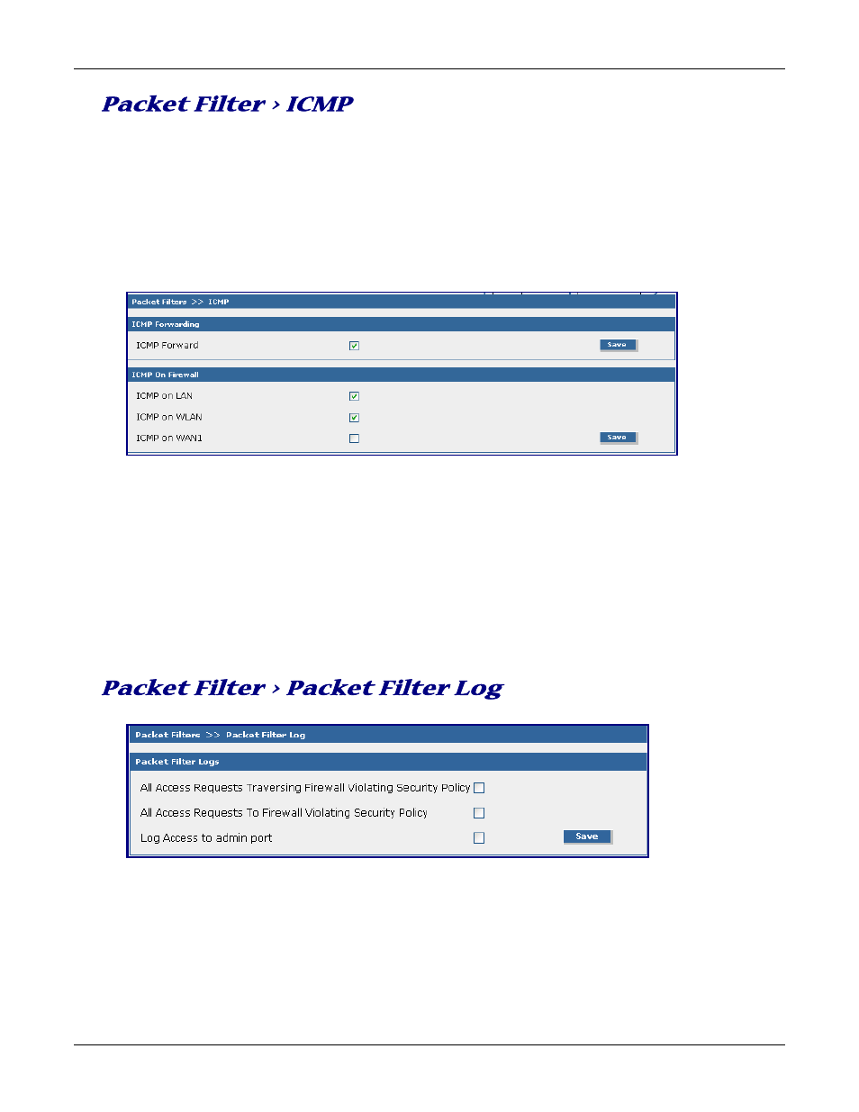 Packet filter > icmp, Packet filter > packet filter log | Multitech ROUTEFINDER RF830-AP User Manual | Page 59 / 94