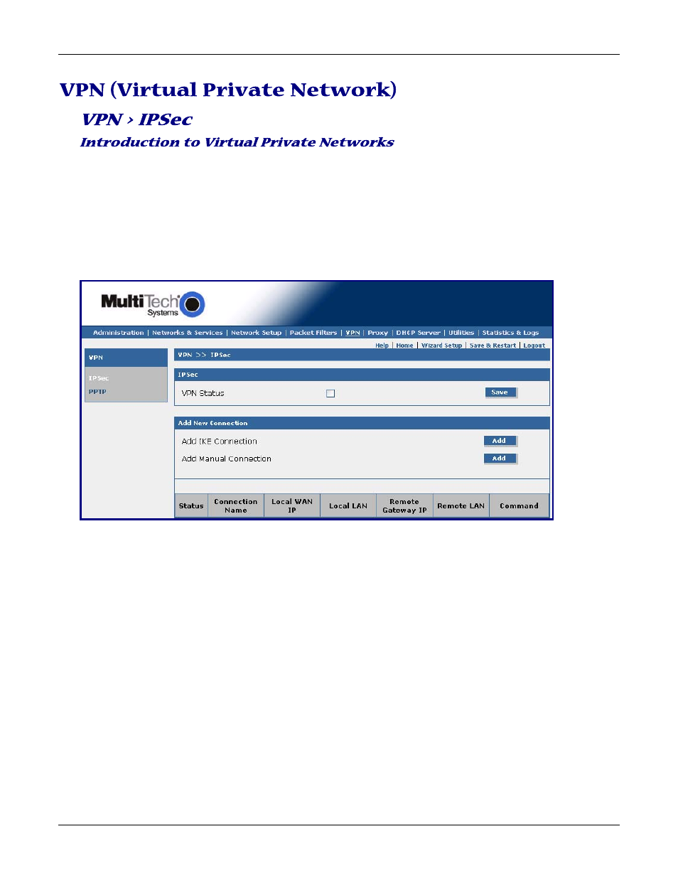 Vpn (virtual private network), Vpn > ipsec | Multitech ROUTEFINDER RF830-AP User Manual | Page 60 / 94