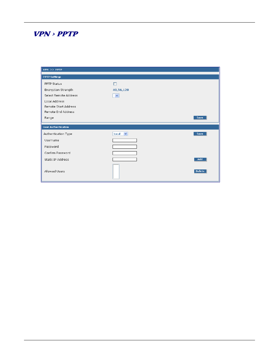 Vpn > pptp | Multitech ROUTEFINDER RF830-AP User Manual | Page 65 / 94