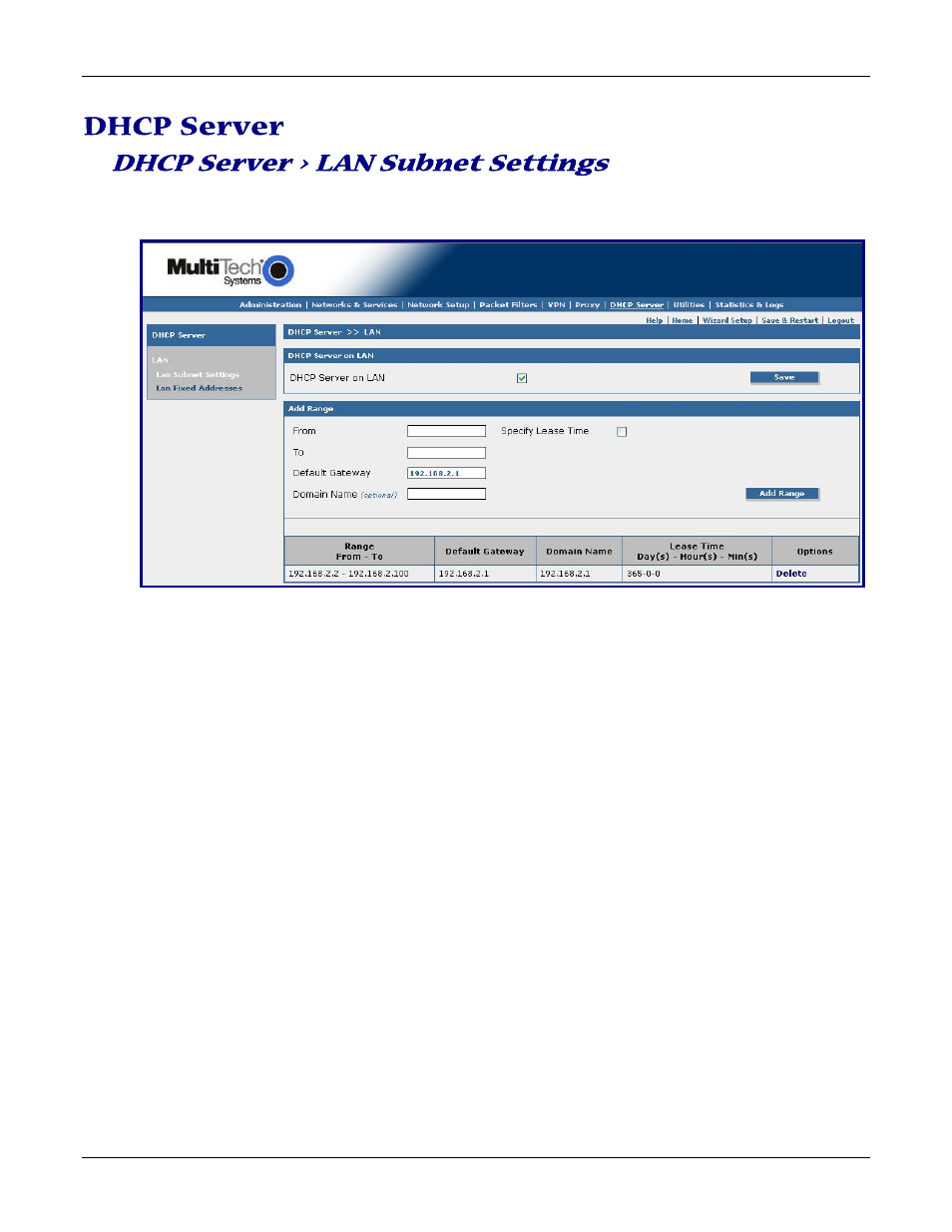 Dhcp server, Dhcp server > lan subnet settings | Multitech ROUTEFINDER RF830-AP User Manual | Page 70 / 94