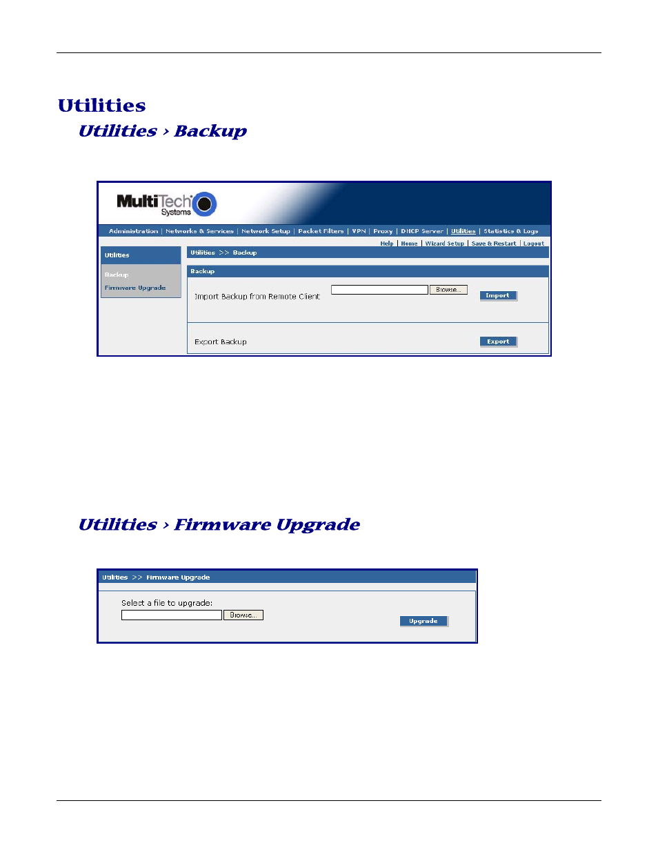 Utilities, Utilities > backup, Utilities > firmware upgrade | Multitech ROUTEFINDER RF830-AP User Manual | Page 72 / 94