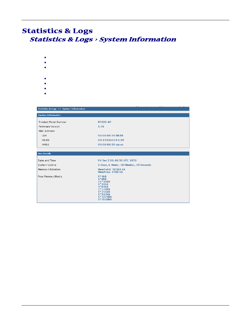 Statistics & logs, Statistics & logs > system information | Multitech ROUTEFINDER RF830-AP User Manual | Page 73 / 94