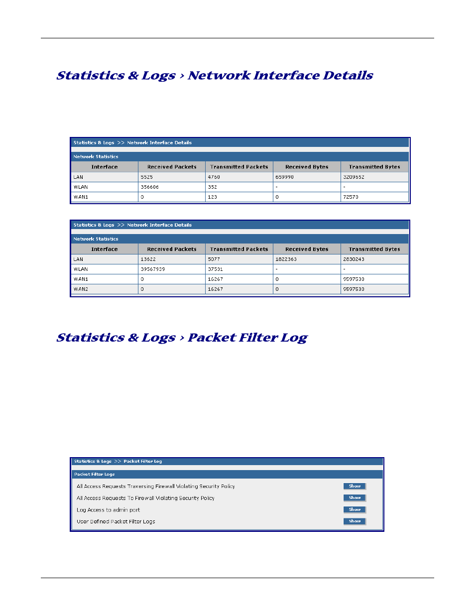 Statistics & logs > network interface details, Statistics & logs > packet filter log | Multitech ROUTEFINDER RF830-AP User Manual | Page 74 / 94
