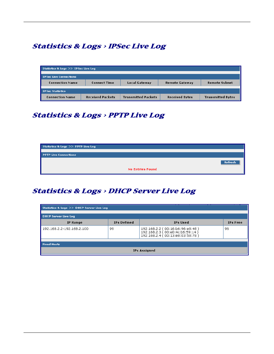 Statistics & logs > ipsec live log, Statistics & logs > pptp live log, Statistics & logs > dhcp server live log | Multitech ROUTEFINDER RF830-AP User Manual | Page 75 / 94