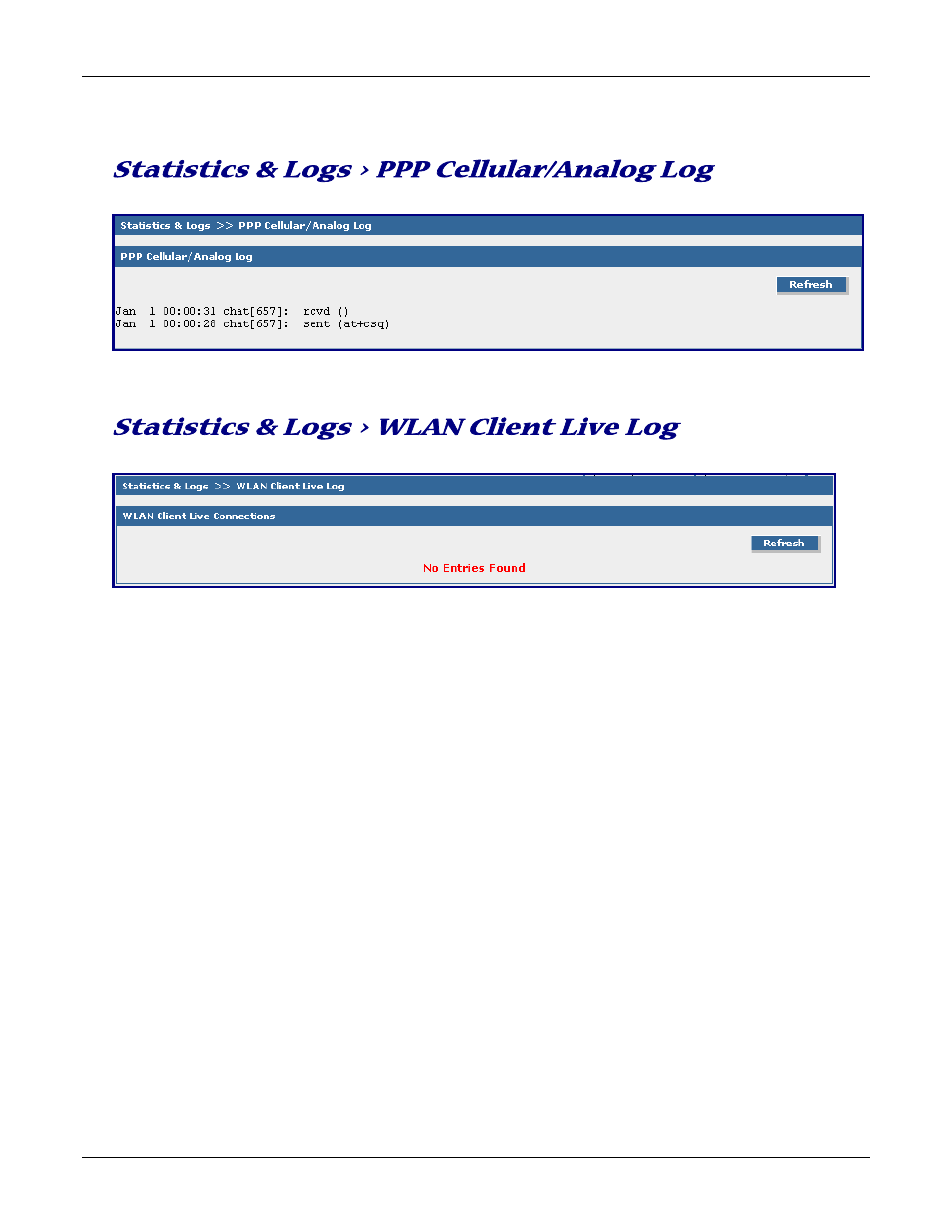 Statistics & logs > ppp cellular/analog log, Statistics & logs > wlan client live log | Multitech ROUTEFINDER RF830-AP User Manual | Page 76 / 94