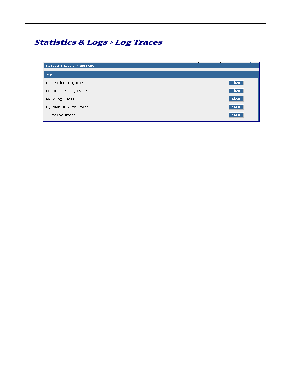Statistics & logs > log traces | Multitech ROUTEFINDER RF830-AP User Manual | Page 77 / 94