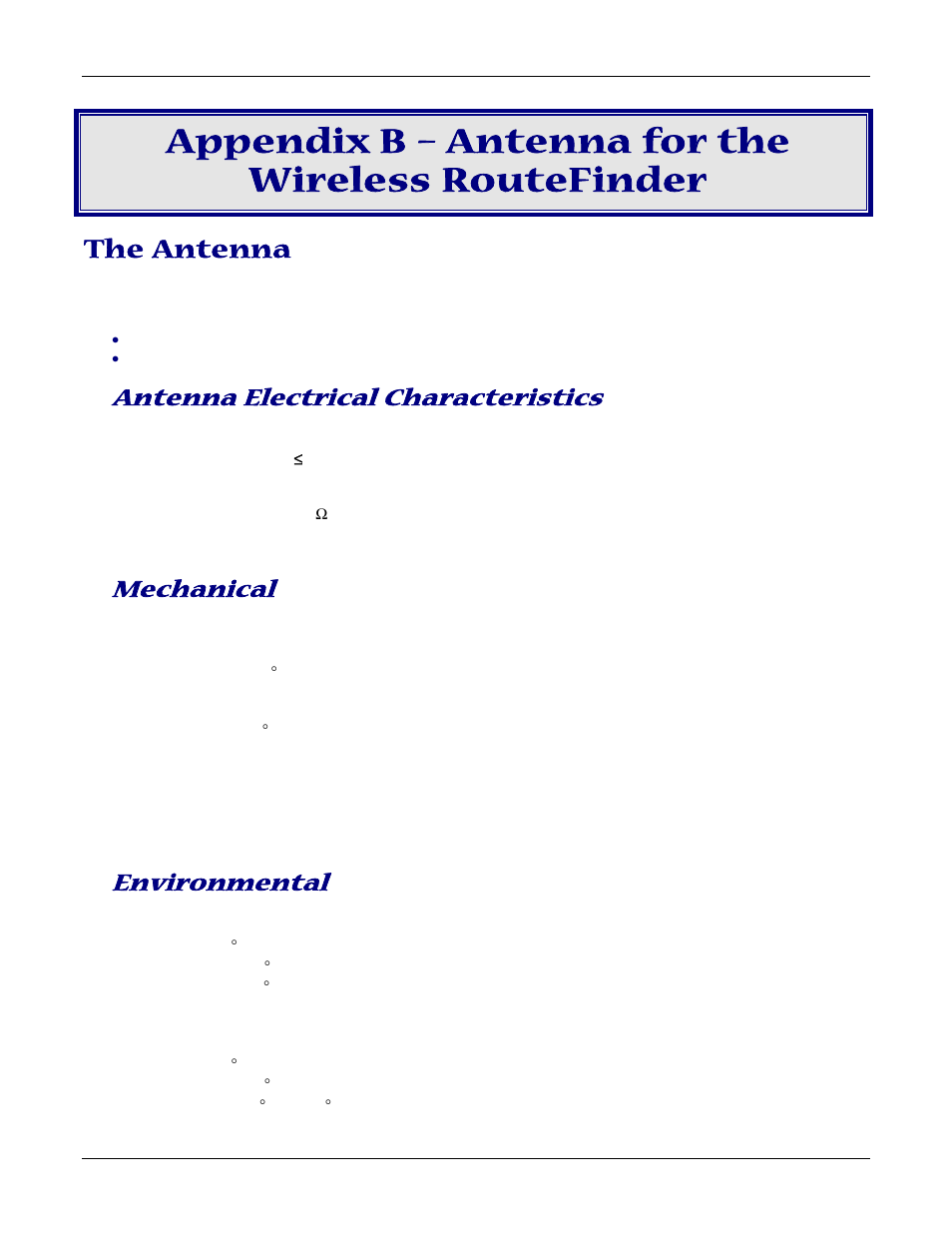 Appendix b – antenna for the wireless routefinder, The antenna, Antenna electrical characteristics | Mechanical, Environmental | Multitech ROUTEFINDER RF830-AP User Manual | Page 84 / 94