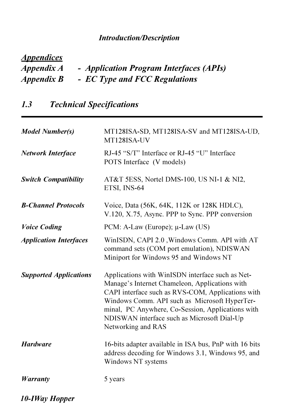 3 technical specifications, Technical specifications | Multitech IWAY MT128ISA-SV User Manual | Page 10 / 117