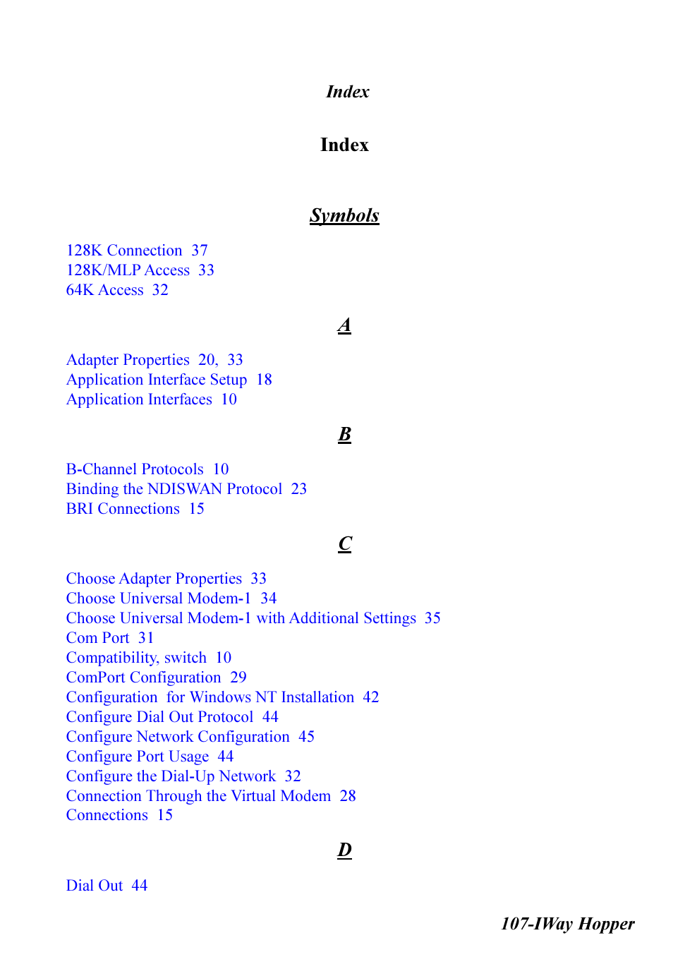 Index, Index symbols | Multitech IWAY MT128ISA-SV User Manual | Page 107 / 117