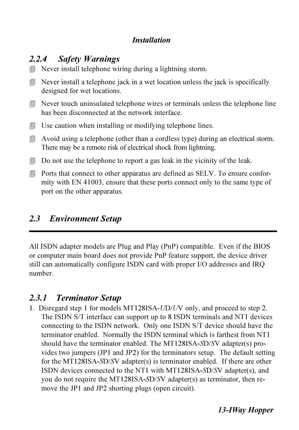 4 safety warnings, 3 environment setup, 1 terminator setup | Multitech IWAY MT128ISA-SV User Manual | Page 13 / 117