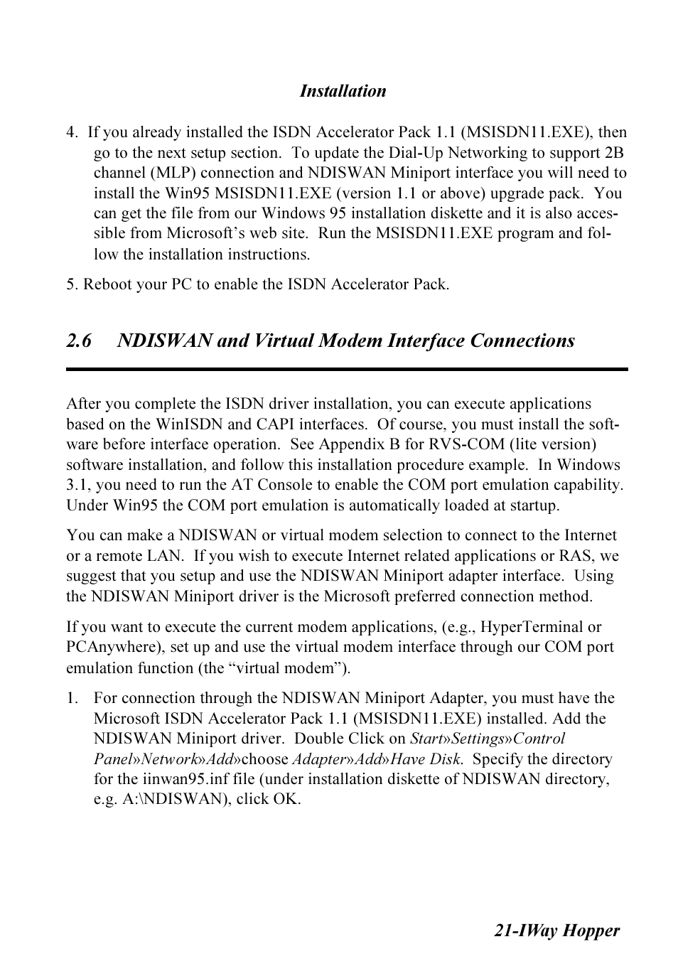 6 ndiswan and virtual modem interface connections, Ndiswan and virtual modem interface connections | Multitech IWAY MT128ISA-SV User Manual | Page 21 / 117