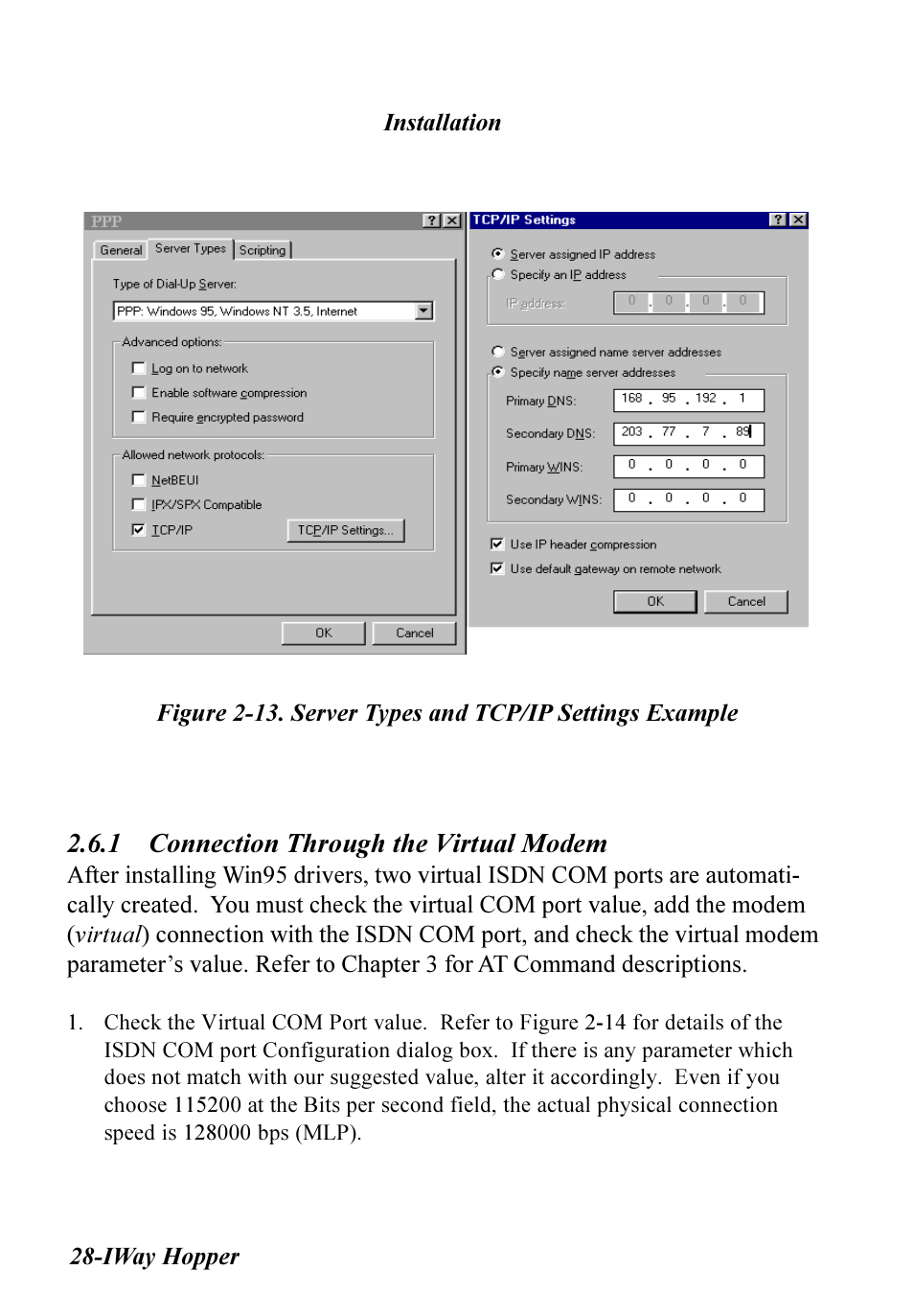 1 connection through the virtual modem | Multitech IWAY MT128ISA-SV User Manual | Page 28 / 117