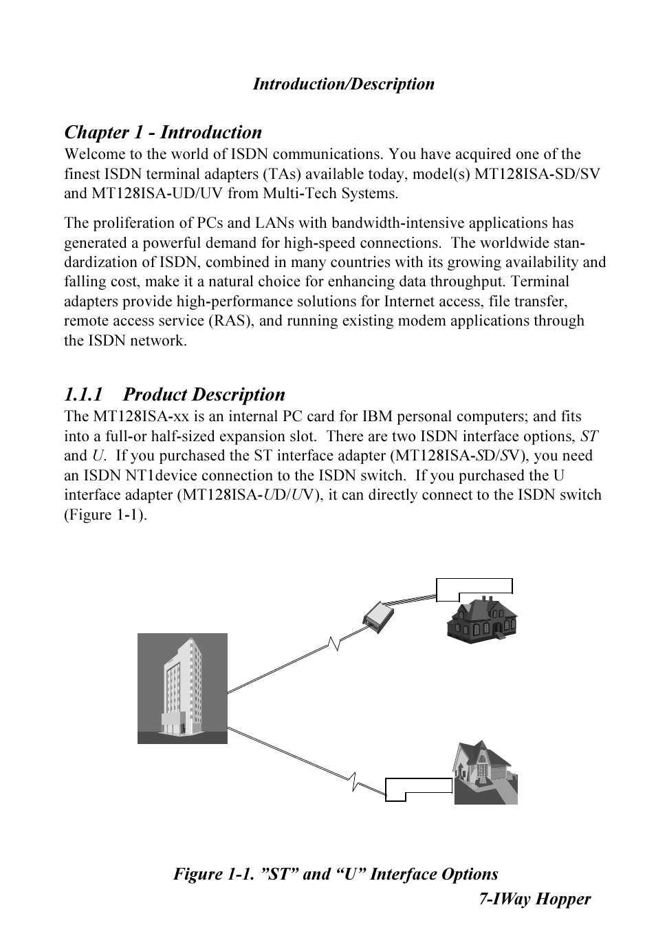Chapter 1 - introduction, 1 product description, Introduction/description 7-iway hopper | Figure 1-1. st and u interface options | Multitech IWAY MT128ISA-SV User Manual | Page 7 / 117