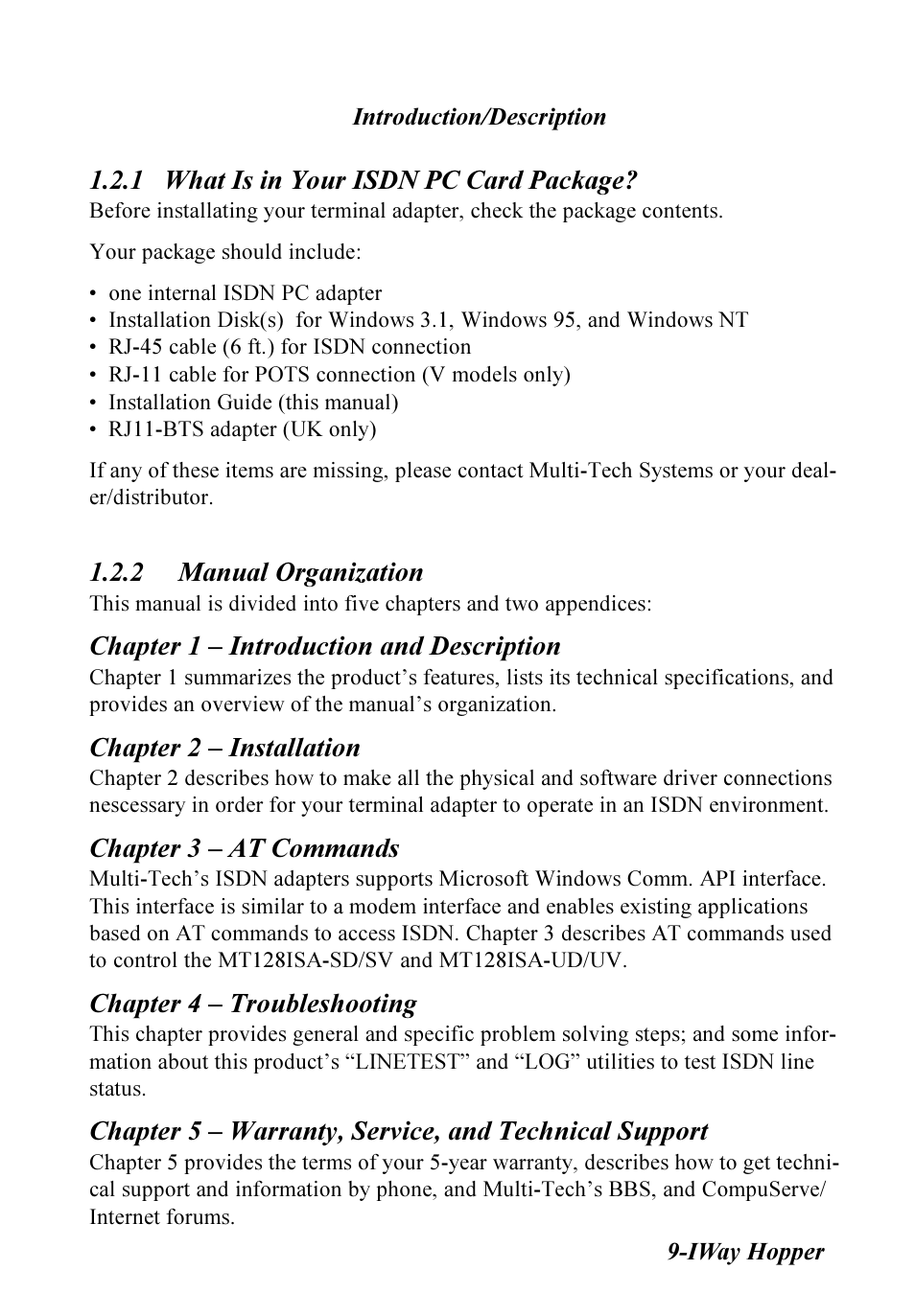 1 what is in your isdn pc card package, 2 manual organization, Manual organization | Chapter 1  introduction and description, Chapter 2  installation, Chapter 3  at commands, Chapter 4  troubleshooting | Multitech IWAY MT128ISA-SV User Manual | Page 9 / 117